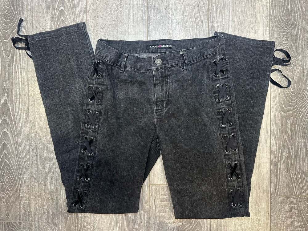 DKNY Jeans Black Denim Pants With Side Lace up Design on Leg Y2K Size 3